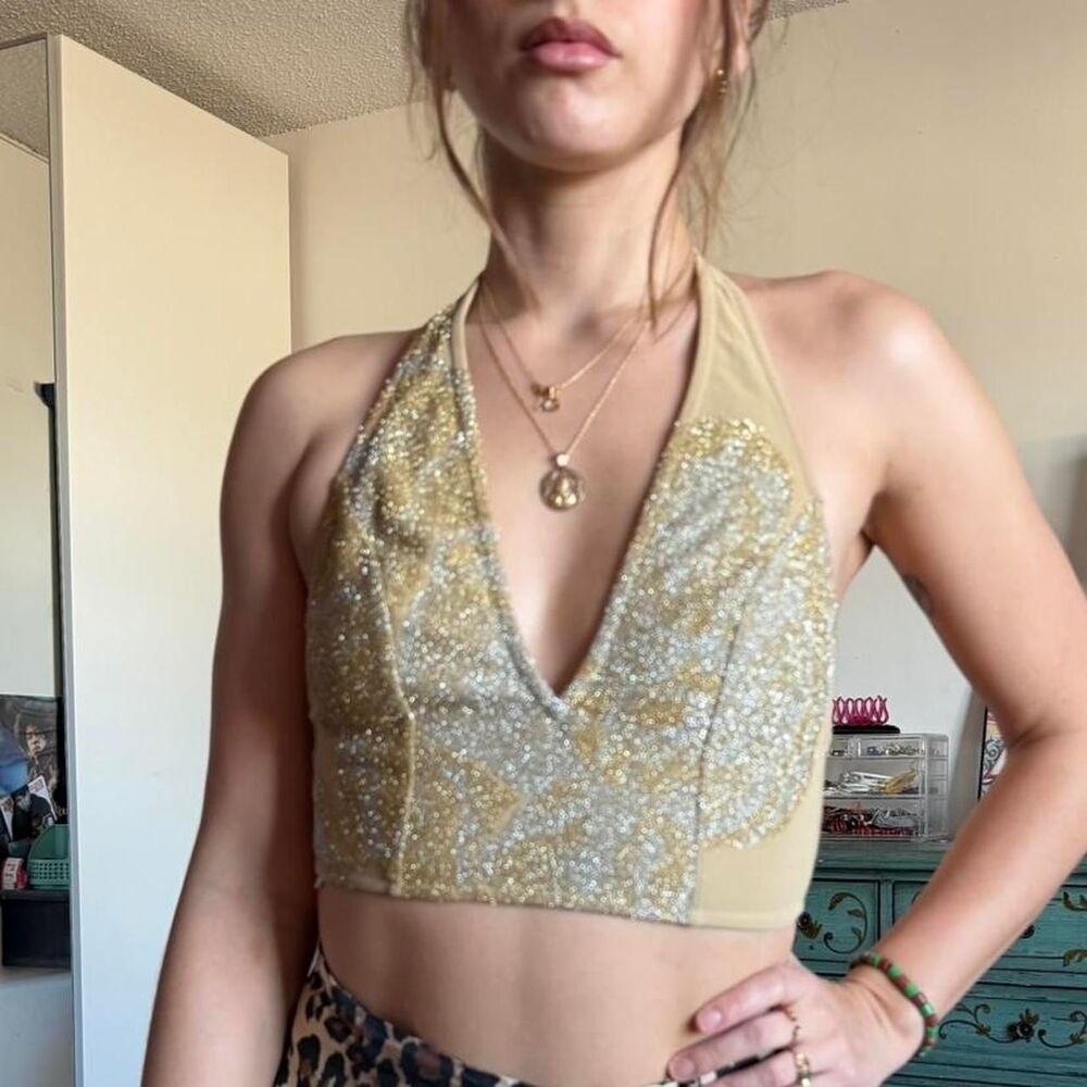 Vintage 90s La Perla Mesh & Fuzzy Metallic Halter Top